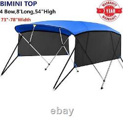 PREMIUM BIMINI TOP 4 Bow Boat Cover 73 78 Wide 8ft Long With Rear Poles, Frame