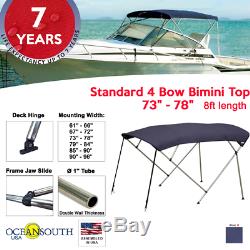 Standard BIMINI TOP 4 Bow Boat Cover Blue 73-78 Wide 8ft Long With Rear Poles